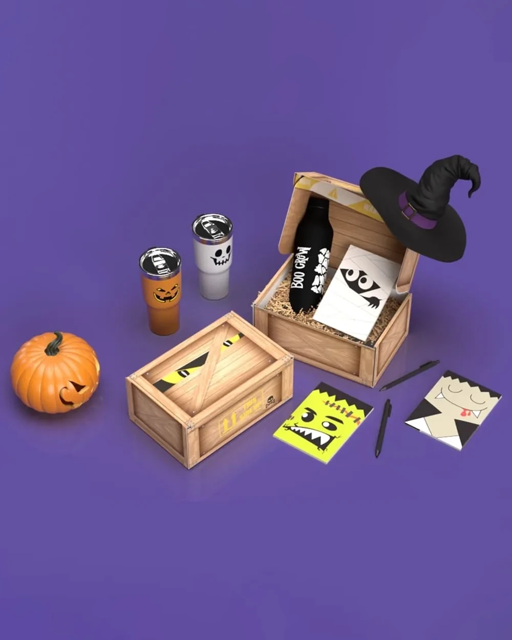 Halloween gift items on purple: tumblers, a wooden crate with a witch hat, notebooks and a pumpkin